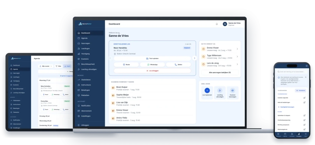 De rijschool-app getoond op een laptop, tablet en telefoon met het dashboard en de agenda